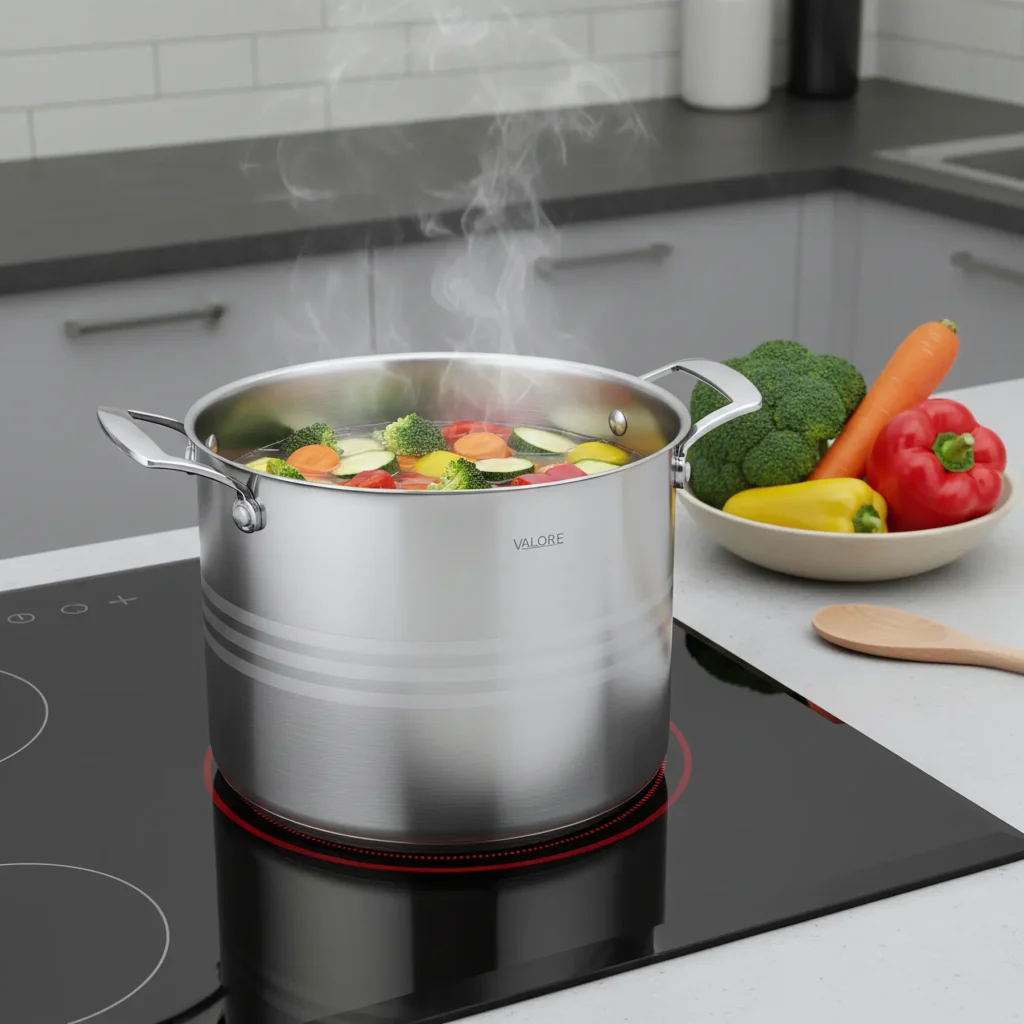 Valore stock pot of vegetable soup steaming on an induction cooktop